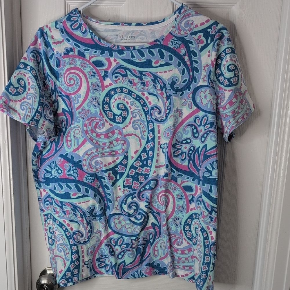 Talbots Paisley Print Short Sleeve Tee in Blue and Pink